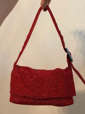 Red Crystal-Embellished Shoulder Bag with Buckle Detail